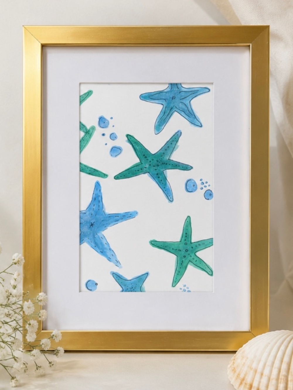Original Blue & Green Starfish Watercolor Art - Framed 6"x8"